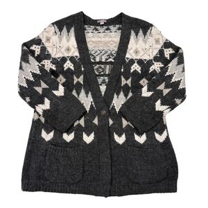 J Jill Cardigan Sweater Size Large Petite Gray Fair Isle Wool Blend V Neck